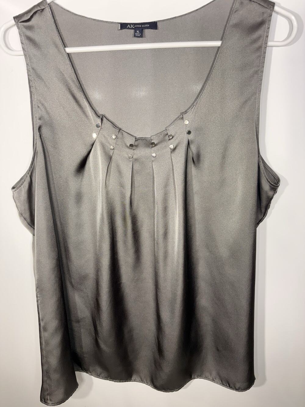 AK ANNE KLEIN Annisa Satin Gunmetal Gray Tank Top Shell Pleated Size XL